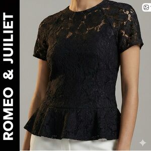 ROMEO & JULIET Romantic Dainty Peplum Lace Short-sleeve Blouse Size Medium NWT